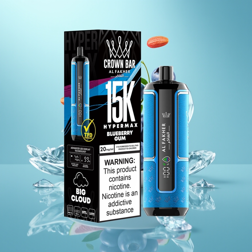 Al Fakher Crown Bar 15K Hypermax Disposable Vape Kit Blueberry Gum – 22ml 15K Puffs 6mg
